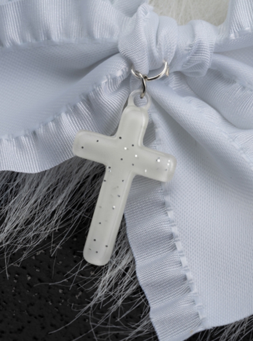 Pure White Handmade Plush Cat Ear Bow-Knot Cross Decoration Halloween Gothic Lolita Hair Clip