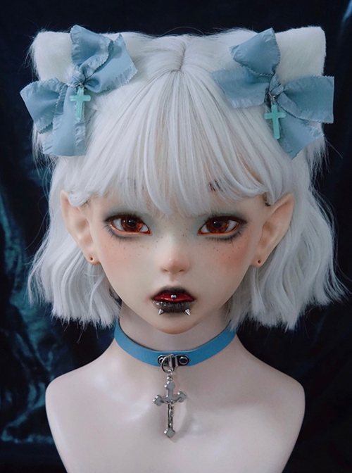 Light Blue Bow-Knot Cross Decoration White Plush Cat Ears Sweet Cool Halloween Gothic Lolita Hair Clip