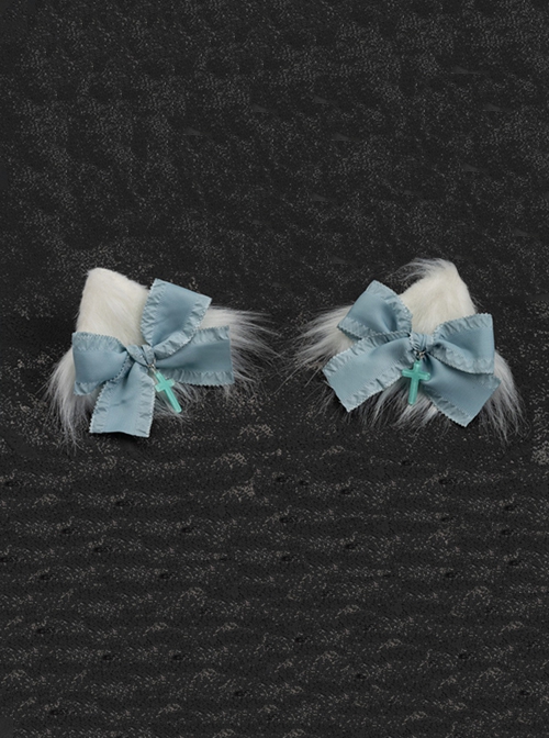 Light Blue Bow-Knot Cross Decoration White Plush Cat Ears Sweet Cool Halloween Gothic Lolita Hair Clip