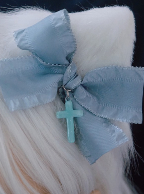 Light Blue Bow-Knot Cross Decoration White Plush Cat Ears Sweet Cool Halloween Gothic Lolita Hair Clip