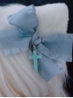 Light Blue Bow-Knot Cross Decoration White Plush Cat Ears Sweet Cool Halloween Gothic Lolita Hair Clip