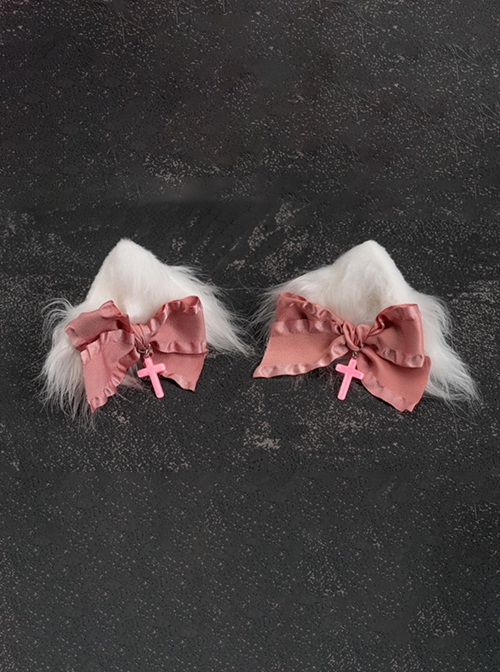 Pink Bow-Knot Sweet White Plush Cat Ears Halloween Cross Decoration Gothic Lolita Hair Clip