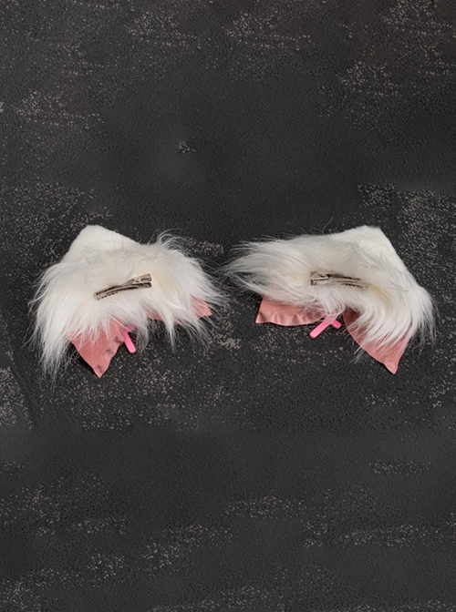 Pink Bow-Knot Sweet White Plush Cat Ears Halloween Cross Decoration Gothic Lolita Hair Clip