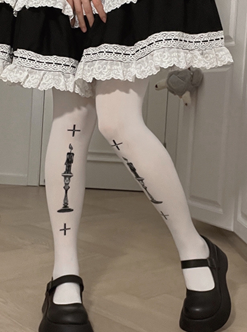 Prayer Series Candle Cross Jacquard Spring Summer Velvet White Classic Lolita Pantyhose