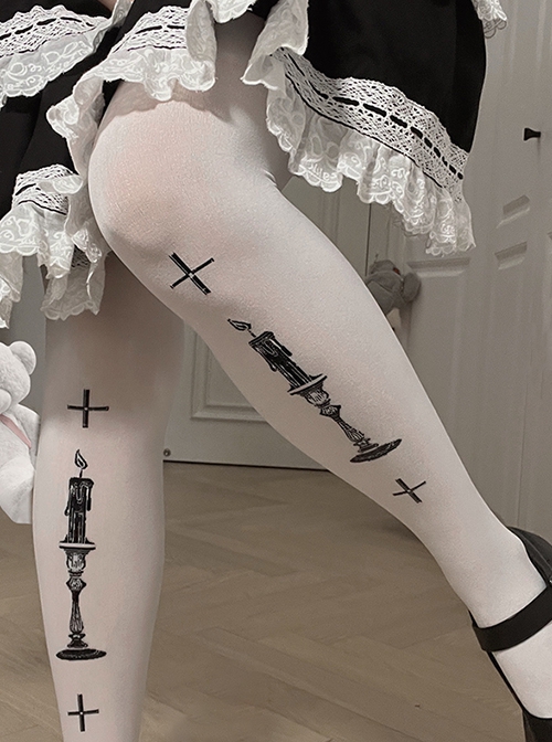 Prayer Series Candle Cross Jacquard Spring Summer Velvet White Classic Lolita Pantyhose