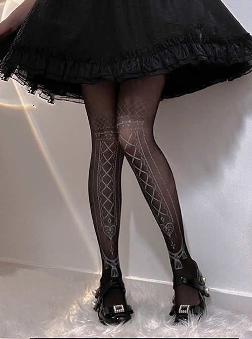 Black Bottom Spring Summer Ultra-Thin Japanese Tattoo Print Classic Lolita Pantyhose