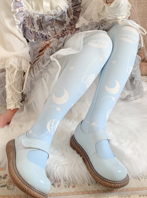 Cream Planet Series Velvet Solid Color Gradient Planet Print Over The Knee Socks Sweet Lolita Socks