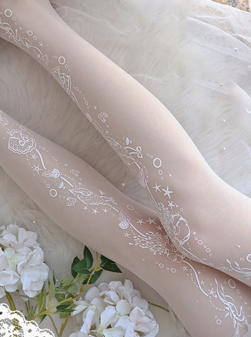 Deep Sea Story Series Solid Color Spring Summer White Print Classic Lolita Pantyhose