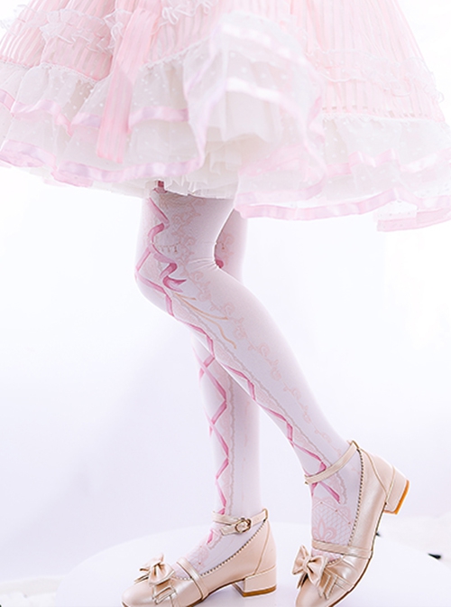 Love And Vow Series Velvet Bow Ribbon Print Sweet Lolita Pantyhose