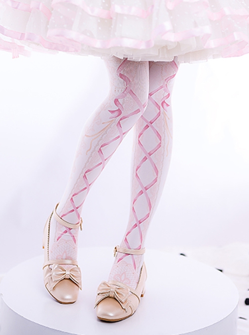 Love And Vow Series Velvet Bow Ribbon Print Sweet Lolita Pantyhose