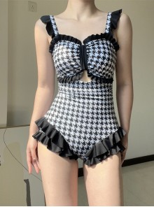 Black Houndstooth Sexy Ruffle Trim Briefs Classic Lolita Sleeveless One-Piece Swimsuit