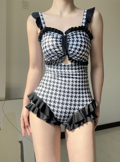 Black Houndstooth Sexy Ruffle Trim Briefs Classic Lolita Sleeveless One-Piece Swimsuit