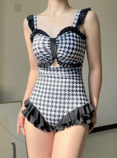 Black Houndstooth Sexy Ruffle Trim Briefs Classic Lolita Sleeveless One-Piece Swimsuit