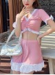 Solid Color V Neck Drawstring Short Sleeve Sweet Ruffle Skirt Sweet Lolita Split Swimsuit