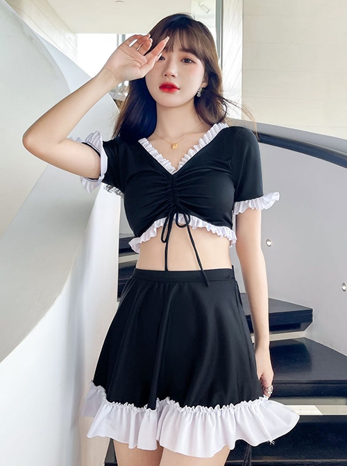 Solid Color V Neck Drawstring Short Sleeve Sweet Ruffle Skirt Sweet Lolita Split Swimsuit