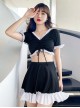 Solid Color V Neck Drawstring Short Sleeve Sweet Ruffle Skirt Sweet Lolita Split Swimsuit