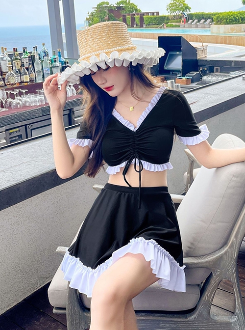 Solid Color V Neck Drawstring Short Sleeve Sweet Ruffle Skirt Sweet Lolita Split Swimsuit