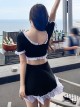 Solid Color V Neck Drawstring Short Sleeve Sweet Ruffle Skirt Sweet Lolita Split Swimsuit