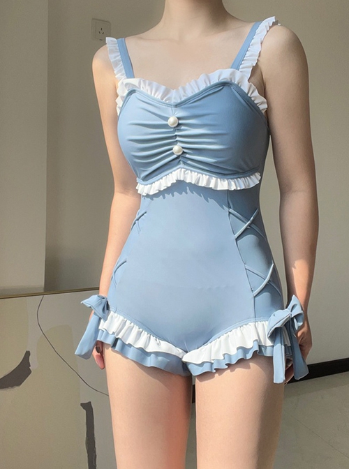 Sweet Ruffle Bow-Knot Decoration Sexy Backless Summer Sweet Lolita Sleeveless One-Piece Swimsuit