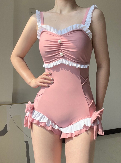 Sweet Ruffle Bow-Knot Decoration Sexy Backless Summer Sweet Lolita Sleeveless One-Piece Swimsuit