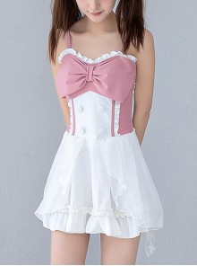 Pink-White Sweet Bowknot Decoration Cute Girl Conservative Summer Sweet Lolita Sleeveless One-Piece Swimsuit