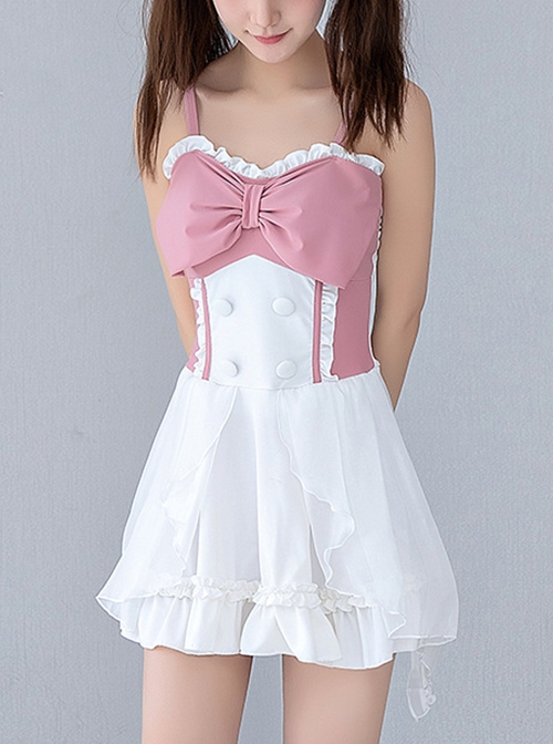 Pink-White Sweet Bowknot Decoration Cute Girl Conservative Summer Sweet Lolita Sleeveless One-Piece Swimsuit