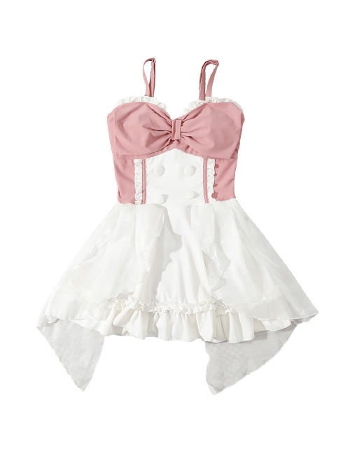 Pink-White Sweet Bowknot Decoration Cute Girl Conservative Summer Sweet Lolita Sleeveless One-Piece Swimsuit