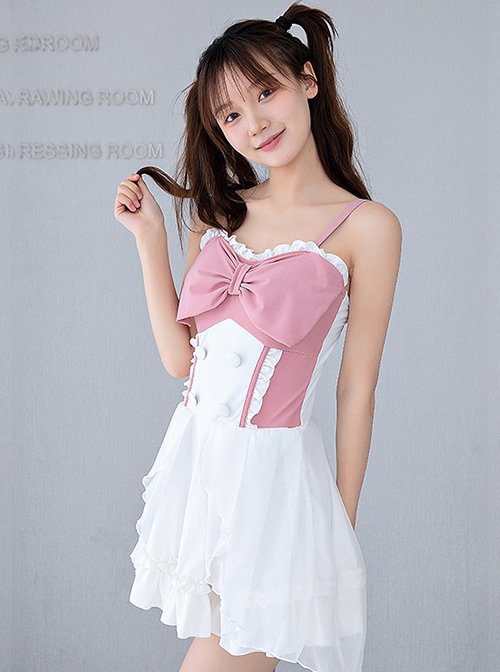 Pink-White Sweet Bowknot Decoration Cute Girl Conservative Summer Sweet Lolita Sleeveless One-Piece Swimsuit