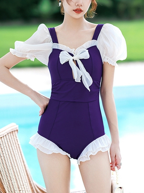 Sweet Puff Sleeve Chest Hollow Bow Decoration Girly Sexy Summer Sweet Lolita Short-Sleeved One-Piece Swimsuit