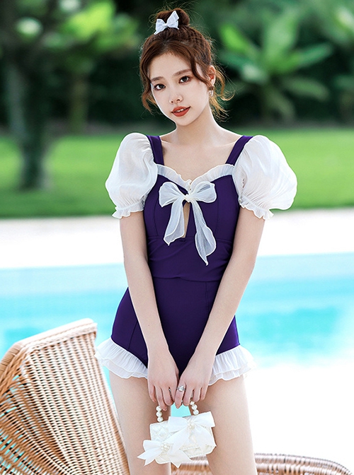 Sweet Puff Sleeve Chest Hollow Bow Decoration Girly Sexy Summer Sweet Lolita Short-Sleeved One-Piece Swimsuit