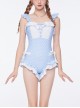 Light Blue Polka Dot Cute Girl Sexy Backless Ruffled Summer Sweet Lolita Sleeveless One-Piece Swimsuit