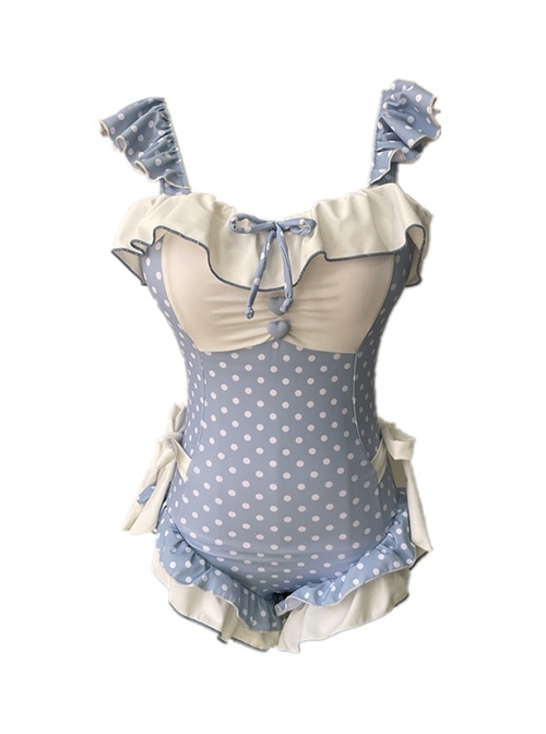 Light Blue Polka Dot Cute Girl Sexy Backless Ruffled Summer Sweet Lolita Sleeveless One-Piece Swimsuit