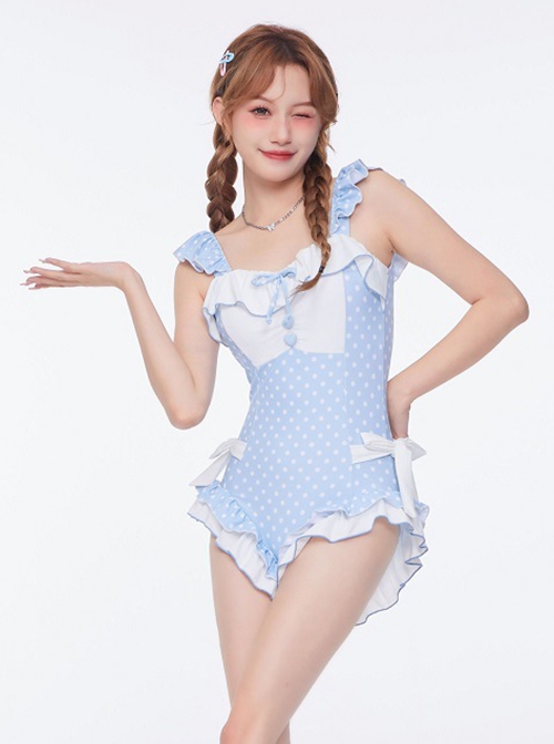 Light Blue Polka Dot Cute Girl Sexy Backless Ruffled Summer Sweet Lolita Sleeveless One-Piece Swimsuit