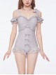 Asymmetric Shoulder Straps Bowknot Ruffle Decoration Cute Sexy Summer Sweet Lolita Short Sleeve One-Piece Swimsuit