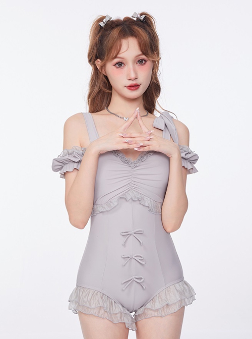 Asymmetric Shoulder Straps Bowknot Ruffle Decoration Cute Sexy Summer Sweet Lolita Short Sleeve One-Piece Swimsuit