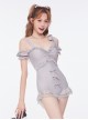 Asymmetric Shoulder Straps Bowknot Ruffle Decoration Cute Sexy Summer Sweet Lolita Short Sleeve One-Piece Swimsuit