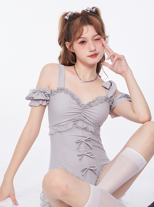 Asymmetric Shoulder Straps Bowknot Ruffle Decoration Cute Sexy Summer Sweet Lolita Short Sleeve One-Piece Swimsuit