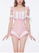 Pink Girl Cute Maid Outfit Waist Hollow Lace-Up Summer Sweet Lolita Short-Sleeved One-Piece Swimsuit