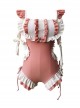 Pink Girl Cute Maid Outfit Waist Hollow Lace-Up Summer Sweet Lolita Short-Sleeved One-Piece Swimsuit