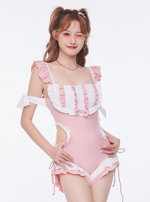 Pink Girl Cute Maid Outfit Waist Hollow Lace-Up Summer Sweet Lolita Short-Sleeved One-Piece Swimsuit