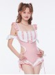 Pink Girl Cute Maid Outfit Waist Hollow Lace-Up Summer Sweet Lolita Short-Sleeved One-Piece Swimsuit