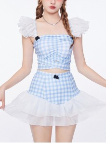 Solid Color Plaid Black Bow-Knot Decoration Cross Lace-Up Summer Sweet Lolita Sleeveless Two-Piece Swimsuit