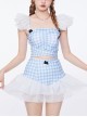 Solid Color Plaid Black Bow-Knot Decoration Cross Lace-Up Summer Sweet Lolita Sleeveless Two-Piece Swimsuit