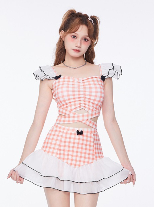 Solid Color Plaid Black Bow-Knot Decoration Cross Lace-Up Summer Sweet Lolita Sleeveless Two-Piece Swimsuit