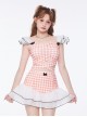 Solid Color Plaid Black Bow-Knot Decoration Cross Lace-Up Summer Sweet Lolita Sleeveless Two-Piece Swimsuit