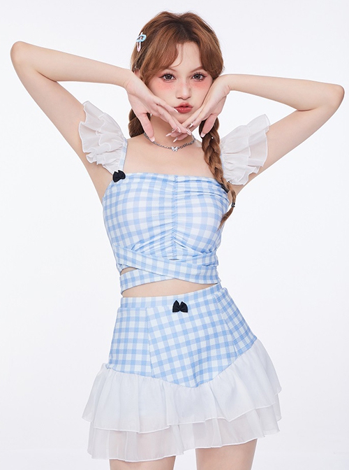 Solid Color Plaid Black Bow-Knot Decoration Cross Lace-Up Summer Sweet Lolita Sleeveless Two-Piece Swimsuit