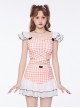 Solid Color Plaid Black Bow-Knot Decoration Cross Lace-Up Summer Sweet Lolita Sleeveless Two-Piece Swimsuit