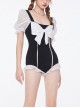 Simple Black-White Bow-Knot Sweet Cute Puff Sleeve Summer Sweet Lolita Short-Sleeved One-Piece Swimsuit