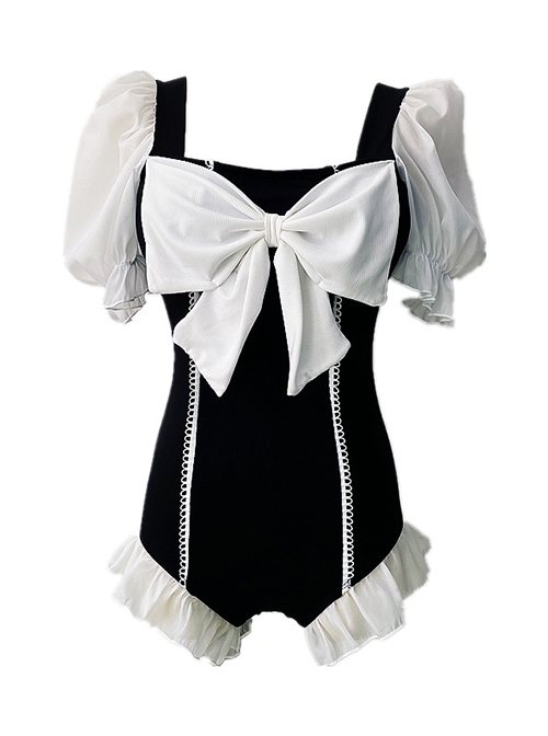 Simple Black-White Bow-Knot Sweet Cute Puff Sleeve Summer Sweet Lolita Short-Sleeved One-Piece Swimsuit