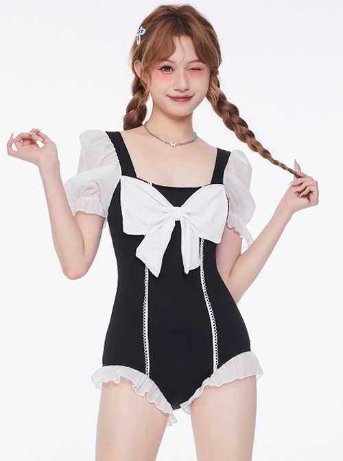 Simple Black-White Bow-Knot Sweet Cute Puff Sleeve Summer Sweet Lolita Short-Sleeved One-Piece Swimsuit
